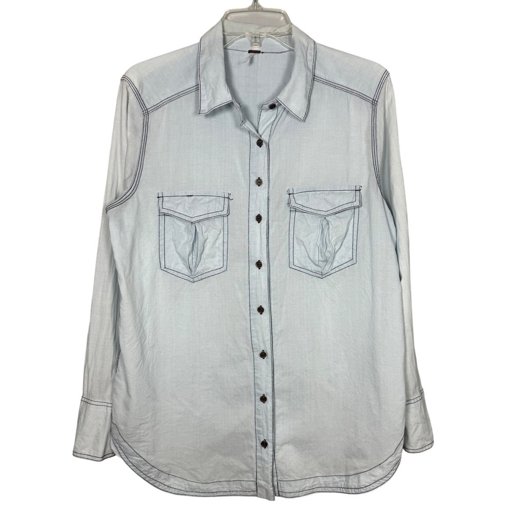 FREE PEOPLE Last Chance Light Blue Chambray Button-Down Shirt Contrast Stitch, S